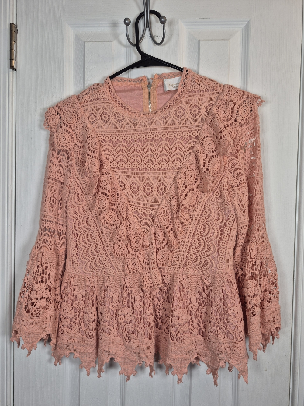 Champagne & Strawberry Pink Crochet Lace Bell Sleeve Boho Ruffle Top S